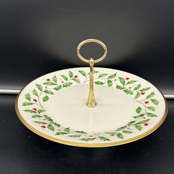 Vintage 1970's Lenox Holiday Christmas Round Serving Tidbit Plate 24KT Gold Trim - Picture 4 of 7